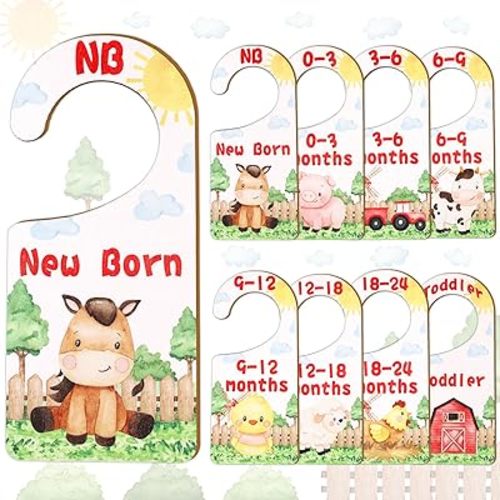 Baby Closet Dividers 8PCS, Farm Animal Theme Wooden Double-Sided Clothes Size Hanger Organizer from Newborn to Toddler for Nursery Decor Baby Shower Birthday Gift (Includes Gift Box)