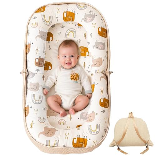 Baby Lounger, Foldable Infant Nest Pillow with Soft Memory Foam Mat, Cover with Adorable Pattern, Converts to Backpack for Easy Travel, 0-12 Months, White