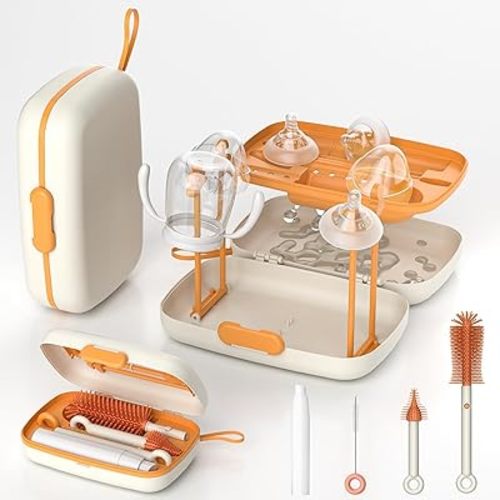 Baby Bottle Brush, 7 in 1 Bottle Brush Cleaner Set with Drying Rack, Draining Tray, Detachable Bottle Brush, Nipple Brush, Straw Brush, Soap Dispenser, Ideal Gifts for Baby Travel Essential