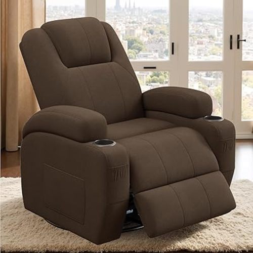 Flamaker Swivel Rocker Recliner Chair with Vibration Massage, 360° Swivel Recliner Chairs for Adults Ergonomic Lounge Chair with Cup Holders Lazy Boy Recliner Single Sofa Seat (Fabric, Brown)