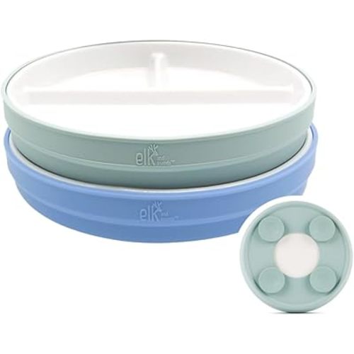 Elk and Friends Kids 7.8” Porcelain Divided Plates with Silicone Suction Sleeves | Suitable for Kids/Toddlers | Microwave & Dishwasher Safe | Non Slip | Snack Dishes