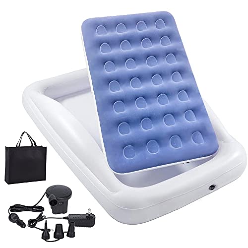 Fahuac Inflatable Kids Travel Bed Toddler Air Mattress Set,Portable Blow Up Mattress Sleeping Bed Cot with Bed Rails and Electric Pump Ideal for Road Trip