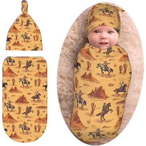 Western Swaddle Blanket with Beanie Set, Soft Baby Swaddle Sack Newborn Sleeping Sacks for Girls Boys