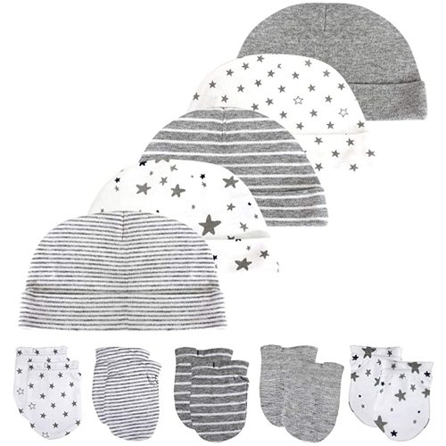 Newborn Baby Soft Cotton Organic Cap and Mitten Set Sunny Hatsfor Hospital Baby Boy and Girl(0-6 Months)
