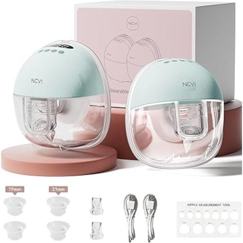 NCVI Wearable Breast Pump Hands Free, Portable Electric Breastfeeding Pump with 1400mAh Battery, Quiet Operation, Smart LED Display, 4 Modes & 9 Levels, 19/21/24mm Flanges, 2 Pack, Green