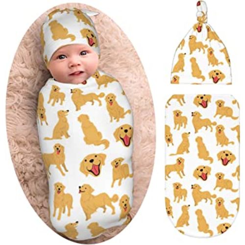 Golden Retriever Dogs Baby Stuff Newborn Swaddle Blanket with Beanie Set, Soft and Stretchy Baby Blanket Swaddle Wraps Sack for Boy and Girl