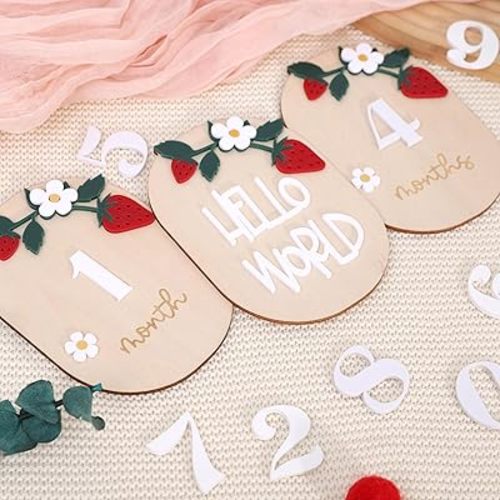 Strawberry Monthly Milestone Cards – Wooden Newborn Welcome Sign, Berry Sweet Baby Photo Props, 3 PCS Wooden and Acrylic Monthly Milestone and Hello World Boards