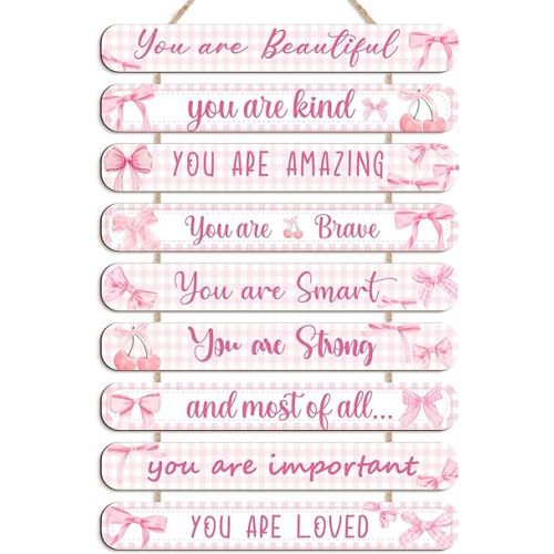 Gerrii Positive Affirmations Wall Decor Wooden Inspirational Wall Art Mental Awareness Motivational Hanging Art Positive Self Love Quotes Decor for Nursery Office Bedroom(Pink Bow)