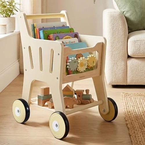 Wooden Shopping Cart for Kids, 3 in 1 Wooden Baby Push Walker, Baby Doll Stroller, Toy Shopping Cart for Toddlers 1-3