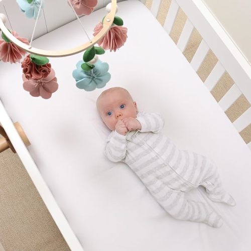 The Peanutshell Floral Crib Mobile for Girls, Wooden Musical Baby Mobiles with 12 Lullabies, Floral Nursery Décor, Pink Gold Mint Green