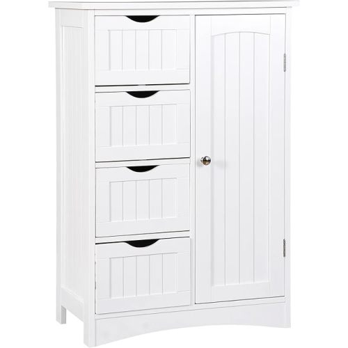 Wooden Floor Storage Cabinet with 4 Drawers and 1 Door, Freestanding Bathroom Storage Cabinet, Side Storage Organizer, Entryway Unit Console Table for Bathroom, Living Room, Home Decor, White