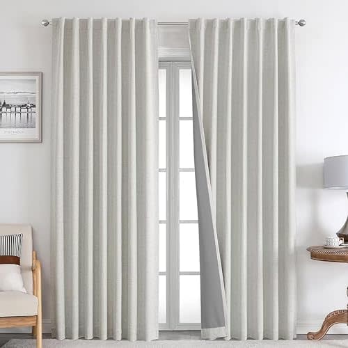 Joydeco 100% Blackout Curtains 90 inches Long Faux Linen Drapes 2 Panels Set Burg for Bedroom Living Room Black Out Darkening Curtain Thermal Insulated Back tab Rod Pocket(52x90 inch,Greyish White)