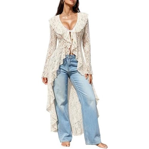 Lace Cardigan for Women Summer Floral Mesh Sheer Bell Long Sleeve Ruffled Collar Hem Tie Front Maxi Tops Dusters