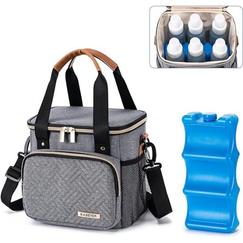 Breastmilk Cooler Bag with Ice Pack Fits 6 Baby Bottles up to 9 Ounce, Breast Milk Pump Cooler Bag for Nursing Mom Daycare, Work, Travel-Grey