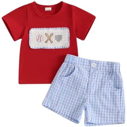 Toddler Baby Boy Summer Clothes Short Sleeve Embroidery Baseball T-shirt & Plaid Shorts Set 2 Piece Outfit