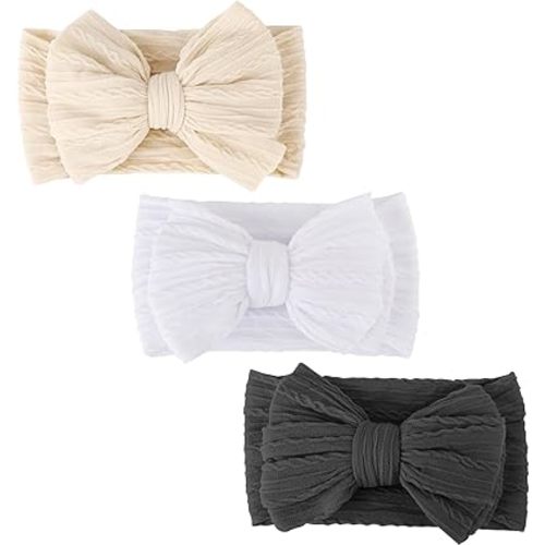 DRESHOW BQUBO Handmade Baby Headbands Soft & Stretchy Hair Bands with Bows Nylon Bows Hairbands for Girls Newborn Infant Toddlers Hair Accessories 3 pack