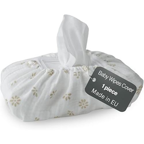 Baby Wipes Cover – Universal Size, One Size Fits All Wipes Packages | Muslin Cotton Tissue Cover for Nursery, Diaper Bag & Changing Table, Station | Gingham & Neutral Patterns (Cream Daisy)
