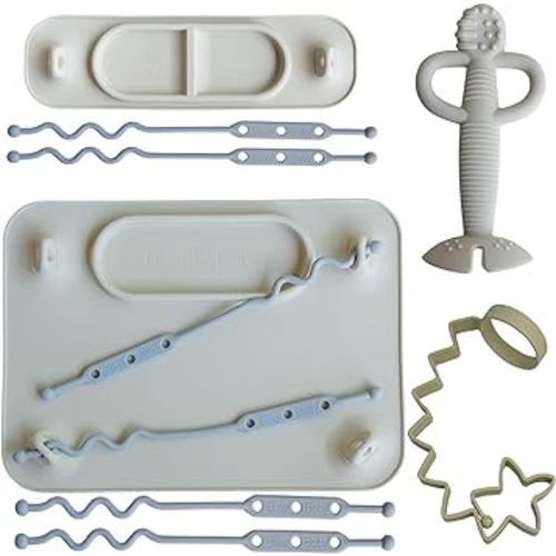 Busy Baby Deluxe Bundle - Original & Mini Silicone Placemats, 6 Multipurpose Straps, Bottle Bungee, and Teething Spoon - All-in-One Solution for Babies and Toddlers