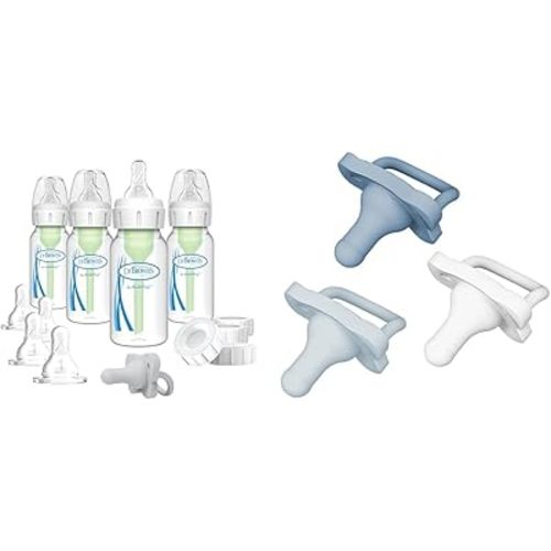 Dr. Brown's Anti-Colic Breast to Bottle Feeding Set with Slow Flow Nipples, Travel Caps & HappyPaci 100% Silicone Pacifier 0-6m, BPA Free, White, Blue, Light Blue, 3 Count (Pack of 1)
