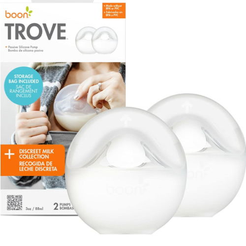 Boon Trove Silicone Manual Breast Pump Set - Hands Free Breast Milk Collector - Includes Polyester Travel Pouch - Breastfeeding Essentials - 2 Count