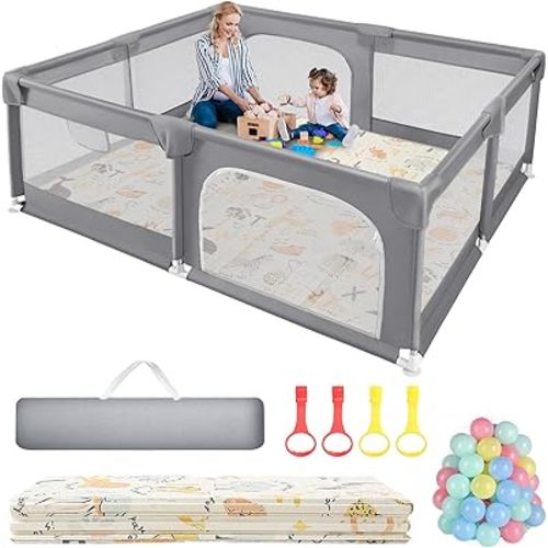Sour Lemon Baby Playpen with Play Mat, 79x71 inch Extra Large Playpen for Babies and Toddlers, Baby Fence Play Pen Yard with Safety Gate Fence with 50 Ocean Balls 4 Pull Rings for Kids Indoor Outdoor
