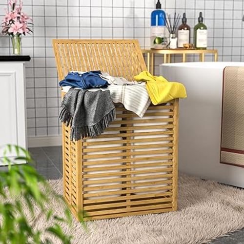 MUPATER Laundry Hamper with Lid, Bamboo Laundry Basket 2 Section with Removable Liner Bags, Foldable Clothes Hamper for Laundry Room, Bedroom and Bathroom