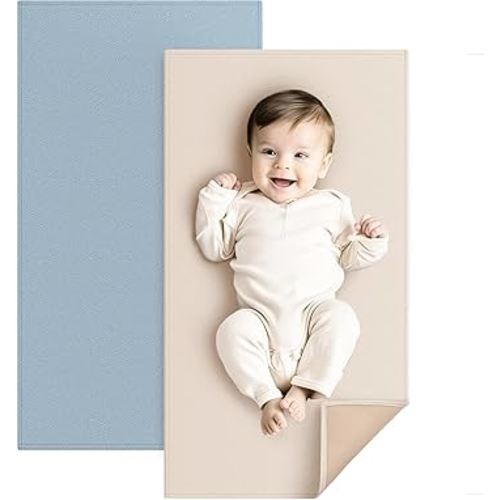 Konssy Faux Leather Baby Changing Mat, Waterproof, Wipeable & Portable Diaper Changing Pad for Travel or Home, Fits Perfectly in Diaper Bag, 30 x 17 inches (Blue,Beige)