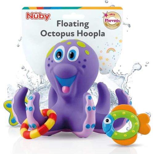 Nuby Floating Octopus with 3 Hoopla Rings - Baby & Toddler Bath Toy - No Hole Design Keeps Moisture Out - Fine Motor Skills - 18+ Months - Great Baby Pool Toys