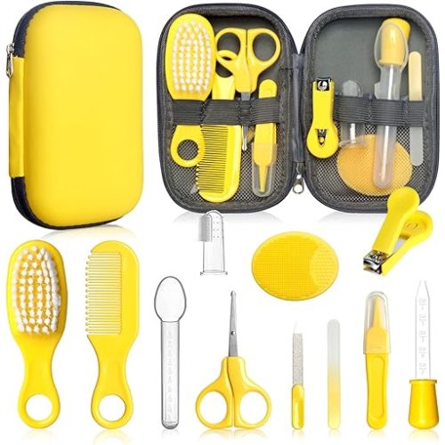Baby Grooming Kit - Nursery Essentials Baby Registry Shower Gift for Newborns, Infants, Toddlers, Boys, Girls Kids-Safety Baby Comb, Brush, Finger Toothbrush, Nail Clippers, Scissors (Yellow 12 in 1)