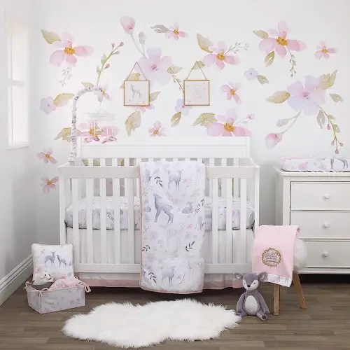 NoJo Watercolor Deer 4 Piece Nursery Crib Bedding Set, Pink/Grey/White/Blue