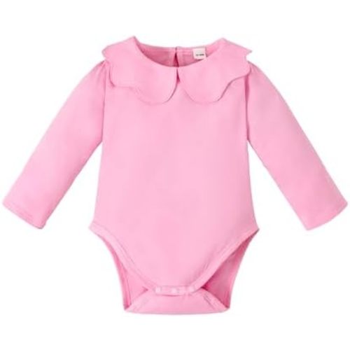 LYSMuch 0-24Mo Baby Girls Long Sleeve Bodysuit Toddler Peter Pan Collar Romper Solid Color Clothes