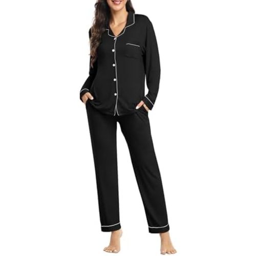 Womens Modal Button Up Pajamas 2 Piece Long Sleeve Comfy Pjs Sleepwear Soft Pajama Lounge Set Loungewear S-3XL
