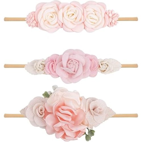 Baby Girl Nylon Headbands Flower Hair Bows Accessories-Elastic Hair Band Crown Handmade FLoral Wraps Birthday Gifts for Girls Newborn Infant Toddler 3Pcs