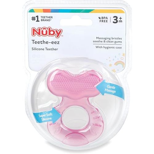 Nuby Silicone Teethe-eez Teether with Bristles, Includes Hygienic Case, Pink