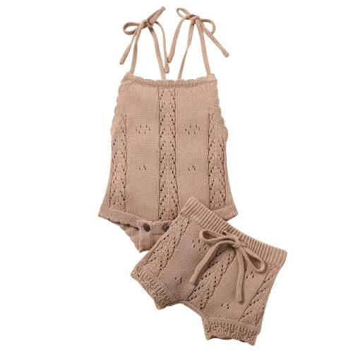 2 Pc Set: Lace-Up Knitted Backless Romper + Drawstring Shorts Outfit Baby Girls