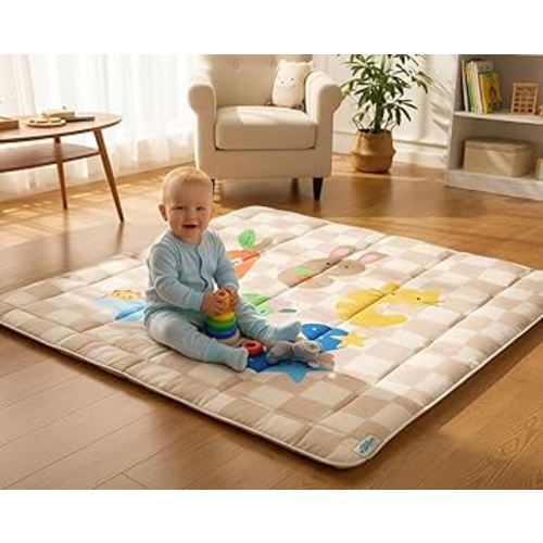 Baby Play Mat, Foldable Play Mats for Floor, 50x50 Inches Crawling Mat for Playpen with Anti-Slip Bottom, Machine Washable, Thicken Padding Foam Playmats for Babies and Toddlers (Sand Checks)