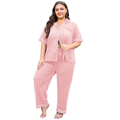 Vozanet Women's Plus Size Pajamas Button Down Shirt and Pants Soft Lounge Sets Bride Nighty Bottom with Pockets 1x to 5x