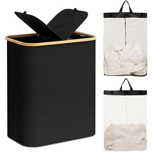 Double Laundry Hamper with Lid,145L Large Laundry Basket with Bamboo Handles and Removable Inner Bag, 2 Section Dirty Clothes Hamper Laundry Bin for Bathroom, Bedroom,Dorm Laundry Room(Black)