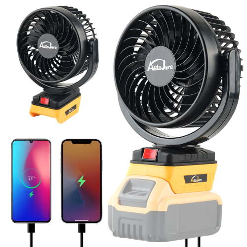 Portable Cordless Fan for Dewalt 20V, Battery Powered 360° Roating Fan Brushless Motor with 2 USB Charging Interface For Household, Office, Camping (No Battery)