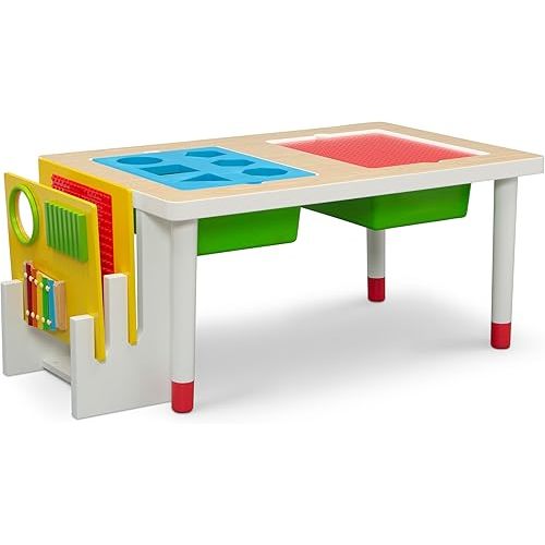 Delta Children Play and Learn Sensory Table for Kids Includes Shape Sorting, Building Block Baseplate, Gears and Musical Instruments - Use as Sand/Activity Table, White/Primary