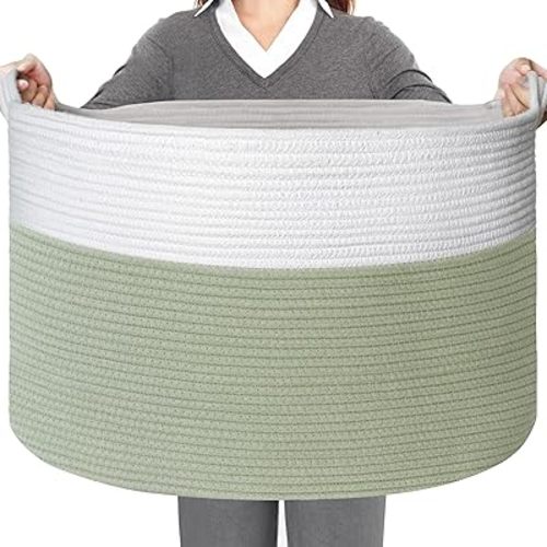 Extra Large Cotton Rope Basket - 23.6" x 23.6"x 14.1" XXXL Woven Baskets for Storage, Baby Laundry Basket, Blanket Basket Living Room, Toy Basket Storage Bin for Kids Toddlers, Green