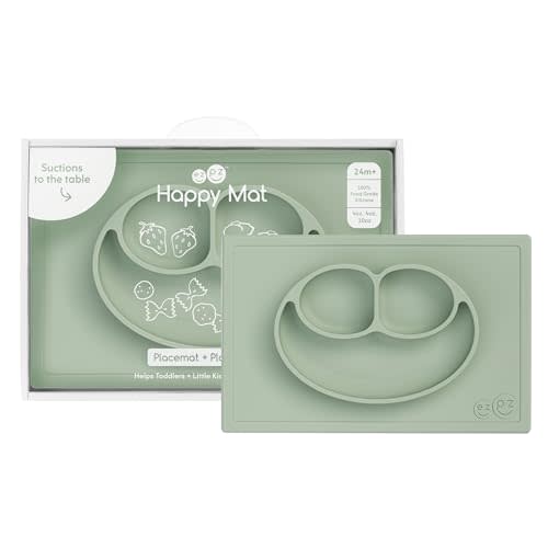 ezpz Happy Mat - 24 Months+ (Sage) - 100% Silicone Suction Plate with Built-in Placemat for Toddlers + Preschoolers - Divided Toddler Plates - Toddler Essentials