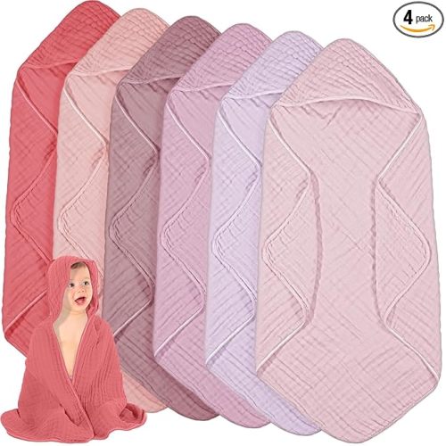 Peryiter 4 Pcs Muslin Hooded Baby Towels for Girls Boys Newborn Toddler 32 x 32 Inch Cotton Infant Swaddle Blankets Bath Essentials, Soft and Absorbent (Purple Series)