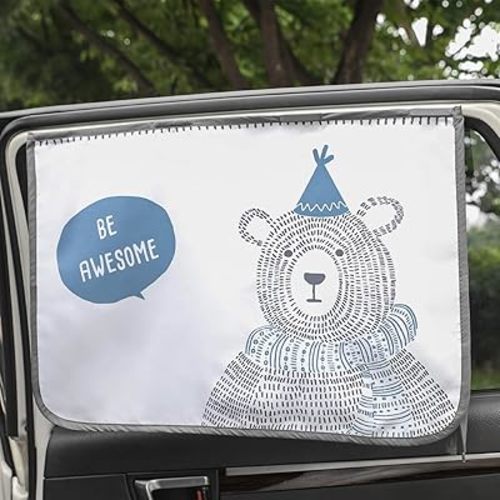 Magnetic Car Sun Shade Curtain for Side Window – Sun Blocker and UV Protector for Baby, Kids, and Pets – Universal Fit with Built-in Magnets for Steel-Framed Door (Be-Awesome Bear)