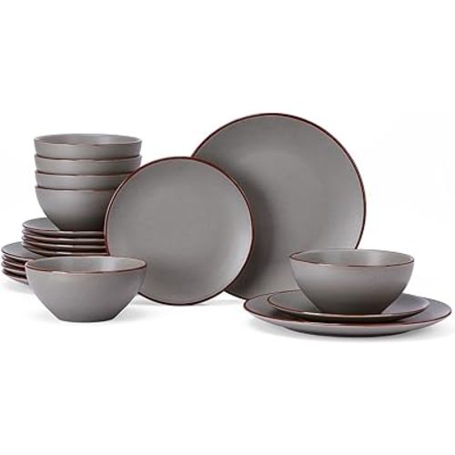 Famiware Venus Plates and Bowls Sets, 18 Pieces Stoneware Dinnerware Sets, Speckled Dishes Set for 6, Microwave and Dishwasher Safe, Matte Dark Grey