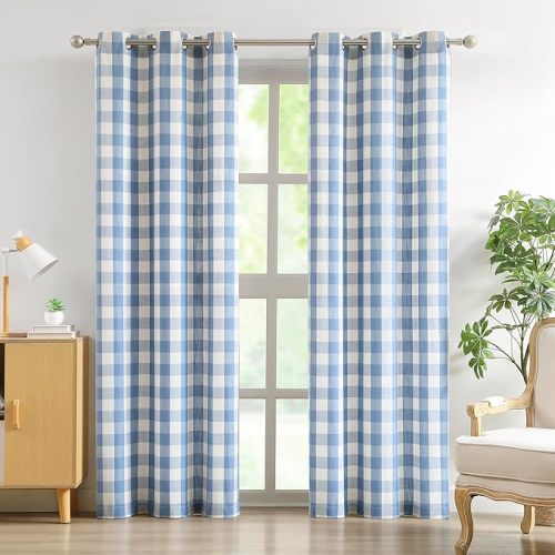 Amzdecor Buffalo Plaid Grommet Curtains 84 Inch Length, Light Filtering Semi-Sheer Check Linen Textured Curtains Drapery for Living Room Bedroom Farmhouse,2 Panels (40" x 84", Dusty Blue & Beige)