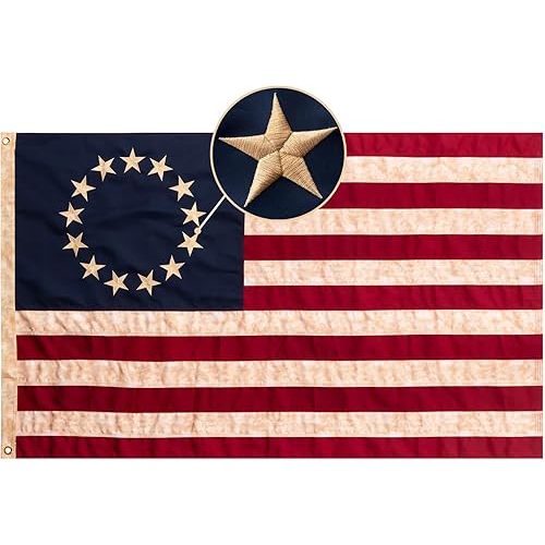 Homissor Betsy Ross Flag 3x5 Feet Tea-Stained Vintage American Flags for 250th Anniversary Heavy Duty Outdoor Embroidered 13 Star Colonies Banner for Outside
