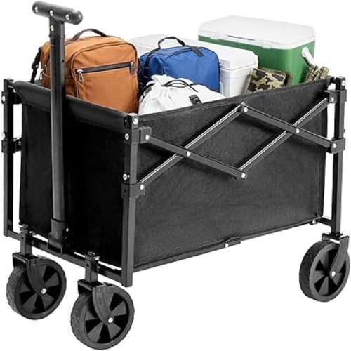 DUMOS Collapsible Wagon with Wheels, 176 lbs Wagons Carts Foldable Wagon Cart with Flexible Handle, Lightweight Portable Folding Utility Grocery Shopping Cart for Grocery Sports Garden Camping - Black