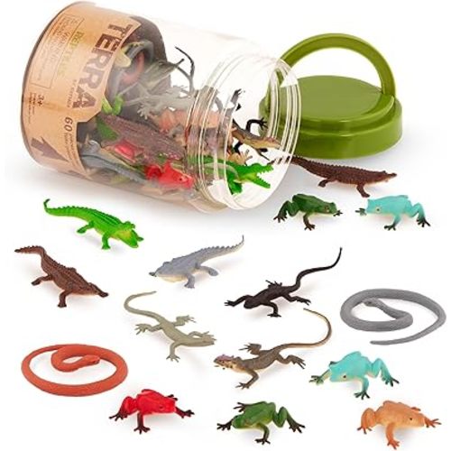 Terra by Battat – 60 Pcs Lizards Animal Tube – Realistic Plastic Animal Toys – Reptile & Amphibian Figurines – Frog, Alligator, Snake & More for Kids and Toddlers 3+