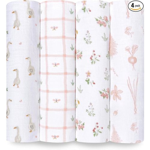 aden + anais Essentials Disney Lot de 4 couvertures d'emmaillotage en mousseline 100 % coton, motif floral de campagne